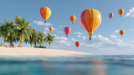 Fototapeta premium Colorful Hot Air Balloons Visit a Tropical Island Paradise for Digital Nomads