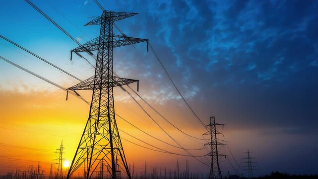 Power transmission lines against a colorful sunset sky