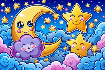 Magical night sky with stars, moon, and sleepy clouds. Colorful cartoon landscape illustration