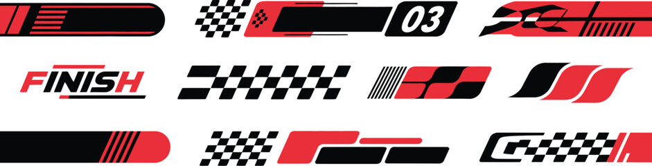 Set of racing stripe graphics for car vinyl decals. Vector collection of modern motorsport elements with checkered flag and finish line designs.