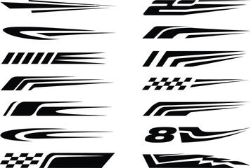 A set of twelve black and white racing stripe designs, including checkered flag patterns and speed lines for vehicle decals and motorsport graphics.