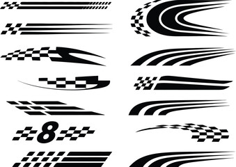 A set of black and white racing stripe graphic elements. A collection of speed lines, checkered flags, and modern sport decal designs.