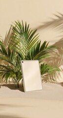 Fototapeta premium Beige tablet nestled amidst tropical foliage
