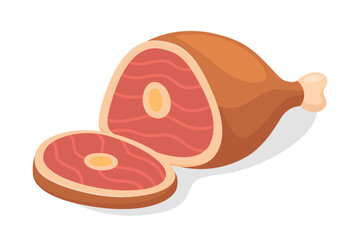 Vector Cartoon Ham with Sliced Piece Icon. Fresh Juicy Meat, Pork Cut, Isolated. Clipart for Butcher Shop, Food Packaging, Market, Menu, Farm Product, BBQ, Cooking. Meat Design Template
