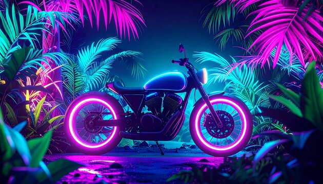 Neon motorcycle in a tropical jungle