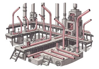 Fototapeta premium Complex industrial factory with pipelines machinery isolated on white background