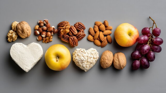 Heart-Shaped Food Arrangement with Nuts, Fruits, and Grains - Powered by Adobe