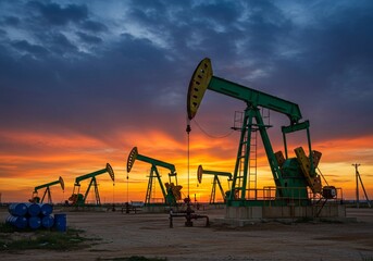 Oil field pump jacks extracting crude oil at sunset energy industry landscape