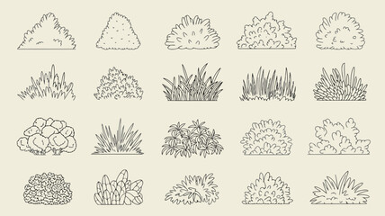 Hand drawn bush and grass icon set, black outline collection of garden shrub and foliage elements for landscape and design projects

