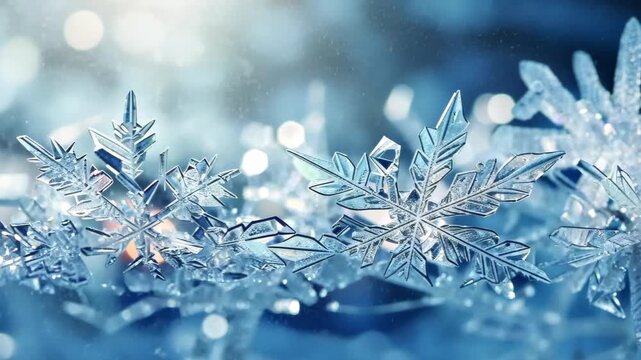 Winter's Icy Embrace: intricate crystalline snowflakes, glistening delicately, resting in frosty tableau, invoking the serene beauty of winter