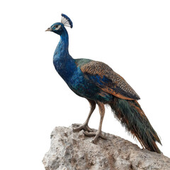 Png of A majestic peacock with vibrant blue and green feathers, perched gracefully on a rock against a clean background.