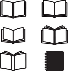 Six black and white icons of books and a spiral notebook open book closed book