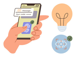 Hand holding smartphone with fingerprint scanning, security message, idea bulb, and eye verification icon. Ideal for data protection, innovation, user authentication, access control, privacy