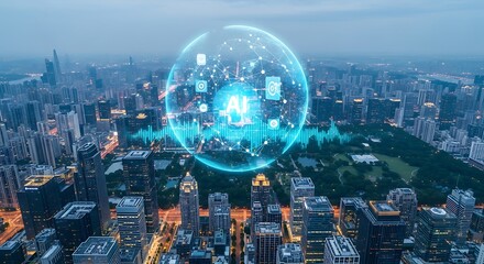 Aerial view of a modern city skyline at dusk with a large glowing blue AI holographic globe overhead.