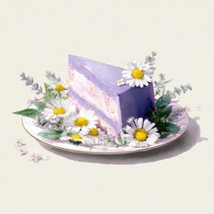 Fototapeta premium Purple Dessert Cake on Plate Surrounded by Fresh Flowers and Herbs