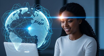 Smiling African American woman working on a laptop with a glowing digital global network beside her.
