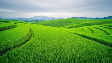 Naklejka premium Lush green rice paddies cascade down a hillside.