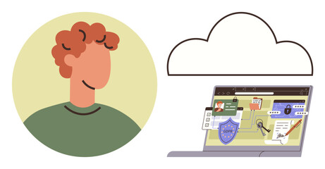 Person with laptop screen displaying security icons, cloud, privacy shield, and lock. Ideal for concepts thumbs up cybersecurity, data protection, online safety, tech awareness, cloud storage