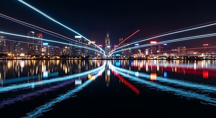 Obraz premium Dazzling long exposure light trails streak across the still water reflecting a vibrant metropolitan city skyline at night with illuminated skyscrapers.
