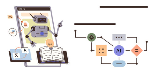 Robot performs AI language translation tasks via tablet, open textbook. Workflow diagram shows automation. Ideal for education, AI technology, innovation, data science, machine learning, translation