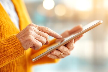 senior woman using tablet with digital banking app, warm indoor light, realistic detail