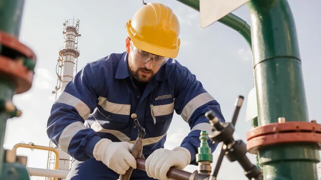 Industrial worker in safety gear operates valves at a refinery with precision