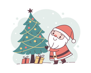 Cute cartoon Santa Claus with Christmas tree and presents holiday cheer and festive spirit illustration