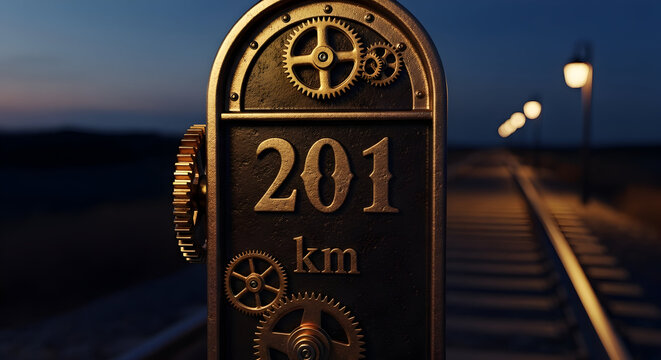 Steampunk Railway Milestone Marker At Twilight Time Marking Distance of 201 Km