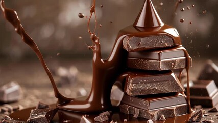 Delectable Chocolate Deluge: A stack of dark chocolate pieces is enveloped in a captivating flow of molten chocolate, accompanied by an array of delectable bits, making an appealing visual delight.