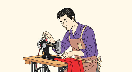 Illustration of a man sewing red fabric on a vintage sewing machine, wearing an apron and purple shirt.
