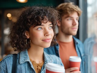 young couple using reusable cups at cafe window, natural lighting