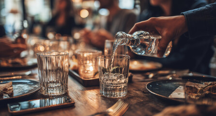 people at a bar, hands pouring glasses with vodka on the table in a modern restaurant Glass and silverware are visible around the table, and a mobile phone screen is visible in hand Generative AI