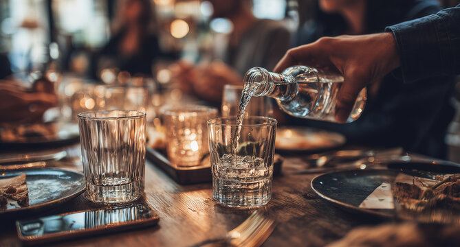 people at a bar, hands pouring glasses with vodka on the table in a modern restaurant Glass and silverware are visible around the table, and a mobile phone screen is visible in hand Generative AI
