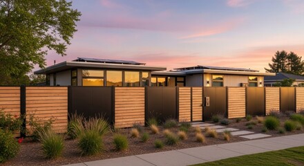 Fototapeta premium Modern house exterior with solar panels on roof during sunset. Sustainable home design concept for real estate and architecture.