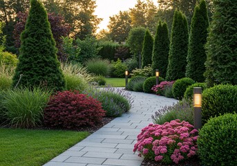 Landscaped garden design ideas: beautiful garden path with plants and lighting