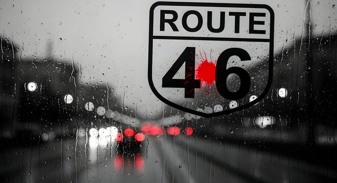 Route Forty Six On A Rainy Day Abstract With Selective Red Accent