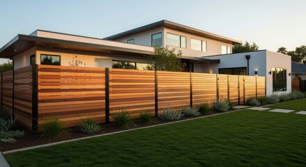 Obraz premium Modern house exterior with a stylish wooden fence and green lawn. Contemporary residential architecture design. Home improvement and real estate concept.