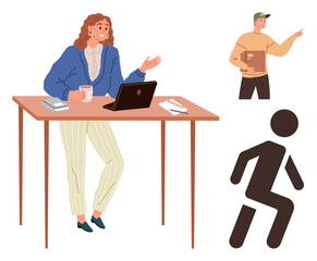Woman with laptop and coffee engaged in conversation, delivery worker gesturing, human-thumbs up symbol walking away. Ideal for business, remote work, organization, communication, delivery, teamwork