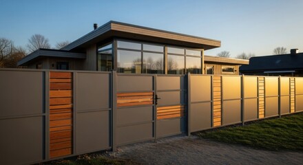 Naklejka premium Modern privacy fence with gray panels and wooden accents in front of a contemporary house, promoting security and stylish property.