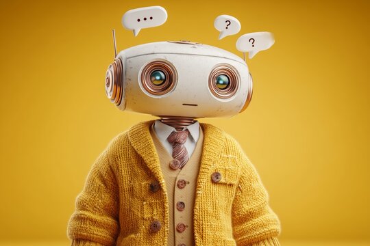 This whimsical robot features large expressive eyes and a confused expression, wearing a cozy yellow sweater. Its quirky charm stands out against a vibrant yellow backdrop.