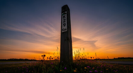 Rural Landscape At Dusk With Kilometer Marker On Tranquil Road Journey