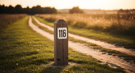 Rural Pathway Marker Post Amidst Summer Fields Countryside At Sundown