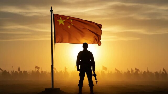 Soldier silhouette with Chinese flag waving on a sunny day