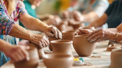 Community center ceramic class capturing joyful and artistic senior lifestyle.