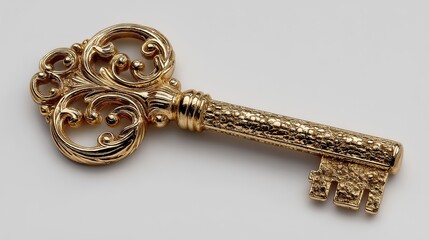 Ornate Gold Key with Intricate Scrollwork Design, Ideal for Luxury and Fantasy Projects