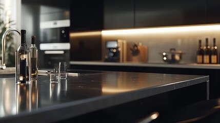 Elegant kitchen interior with bottles and glasses on the countertop