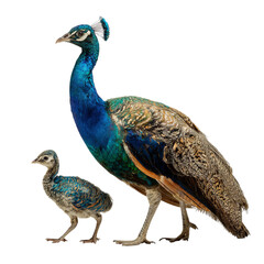 Obraz premium Png of A majestic peacock alongside a baby peafowl, featuring vibrant blues and intricate feather patterns.
