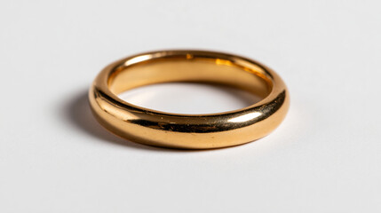 Elegant close-up of a polished gold ring with a sleek modern design on white background
