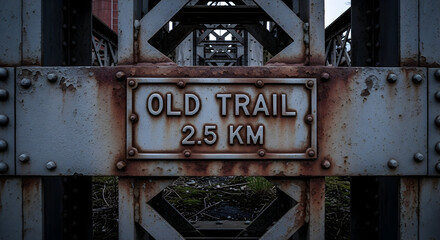 Rustic Ironwork Sign On Distant Trail Indicating Route And Distance