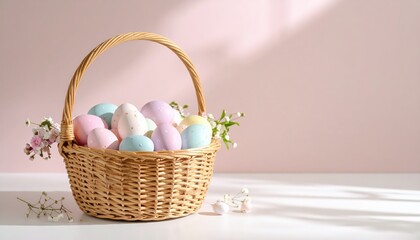 Obraz premium Easter basket filled with pastel-colored decorative eggs.